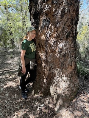 Woman with her arm around a large jarrah tree in Bridgtown